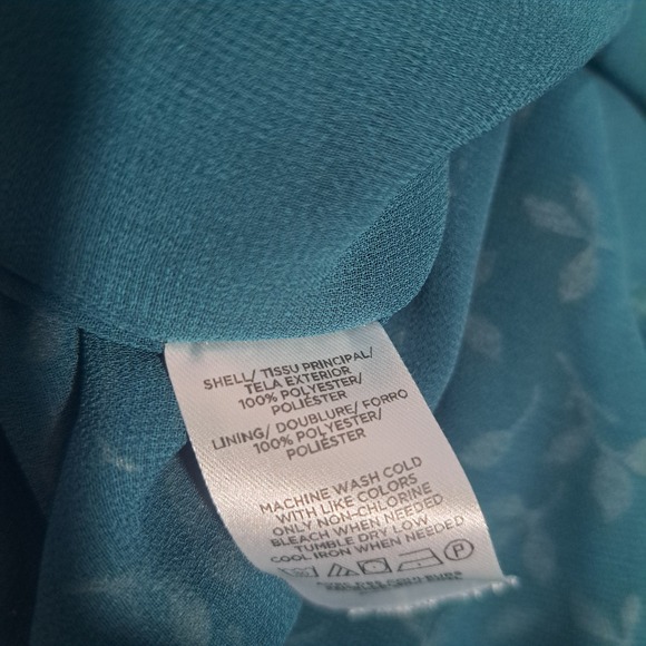 LOFT Small Teal Green Leaf Print Ruffle Chiffon Blouse Long Sleeve Top - Picture 7 of 7